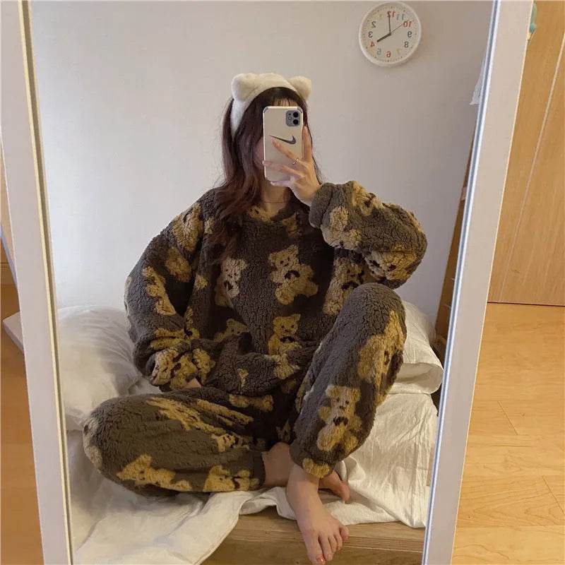 Polar Bear Fleece Winter Home Lounge wear Pajamas Set Women