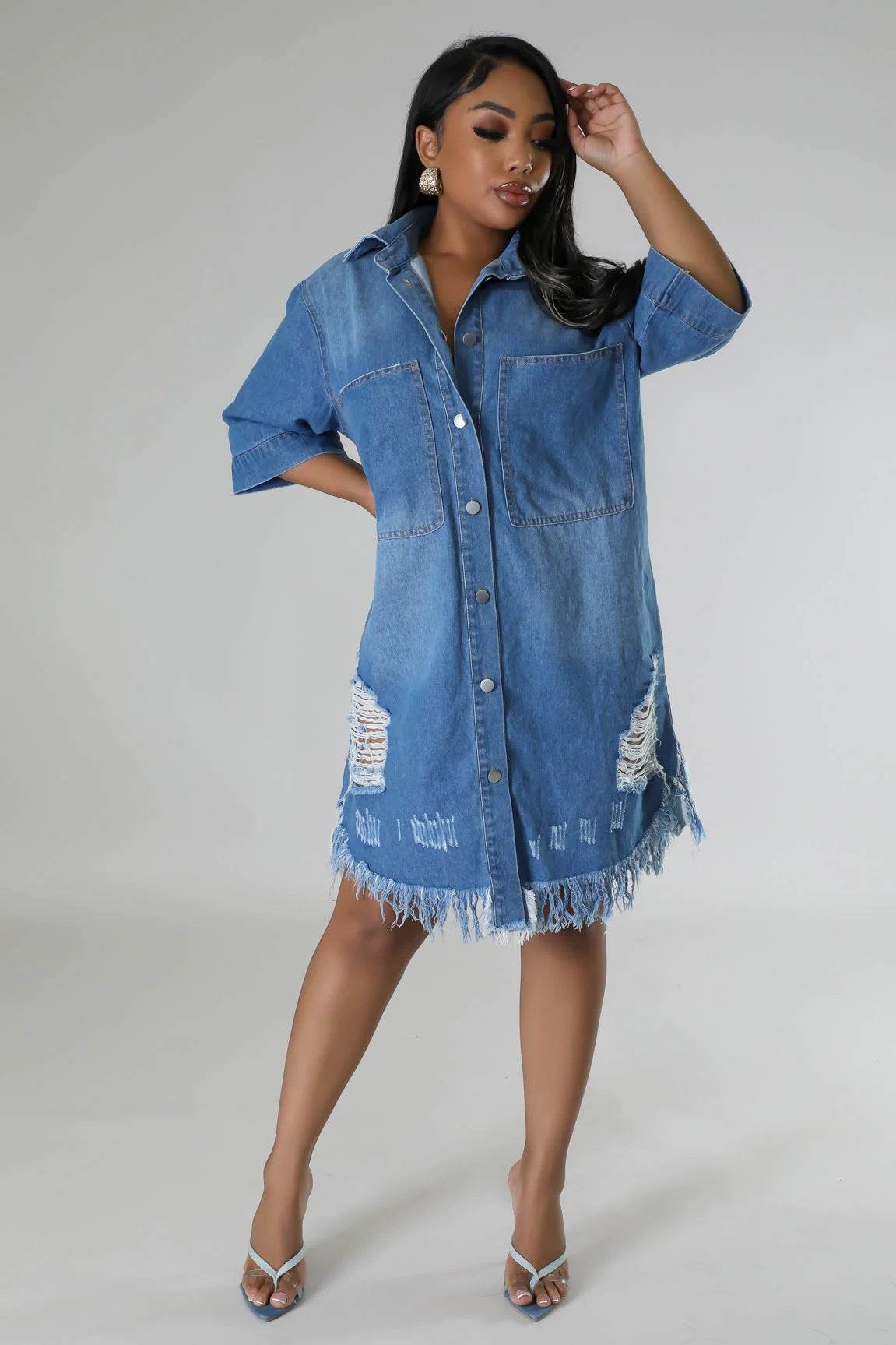 Women's Fashion 3/4 sleeve Mid Length loose Denim Jeans Dress