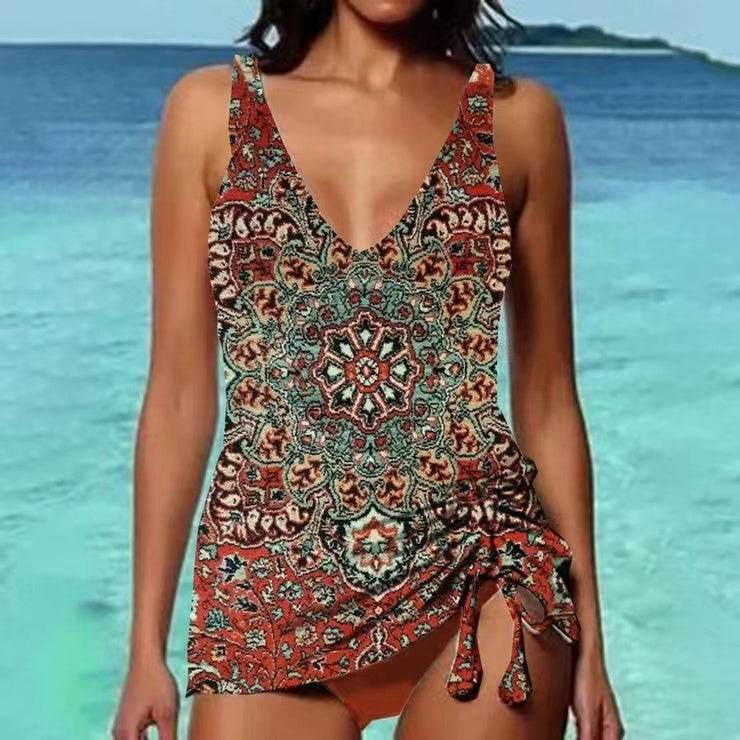 Bikini Beach Print Suspender Swimsuit Suit