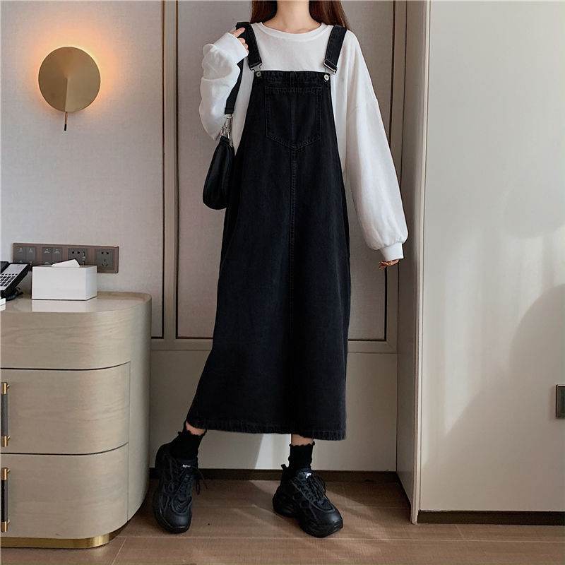 Student Denim Shoulder Strap Spring And Autumn Plus Size Mid-length Sling Black Denim Jumper Dress