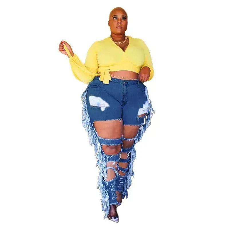 Adogirl Plus Size Side Tassel Holes Jeans Pencil Pants Women Charming Distressed Hollow Out Tight Denim Trousers Fashion Streetwear