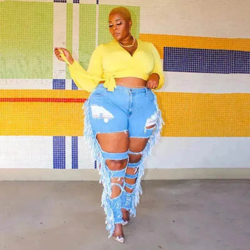 Adogirl Plus Size Side Tassel Holes Jeans Pencil Pants Women Charming Distressed Hollow Out Tight Denim Trousers Fashion Streetwear