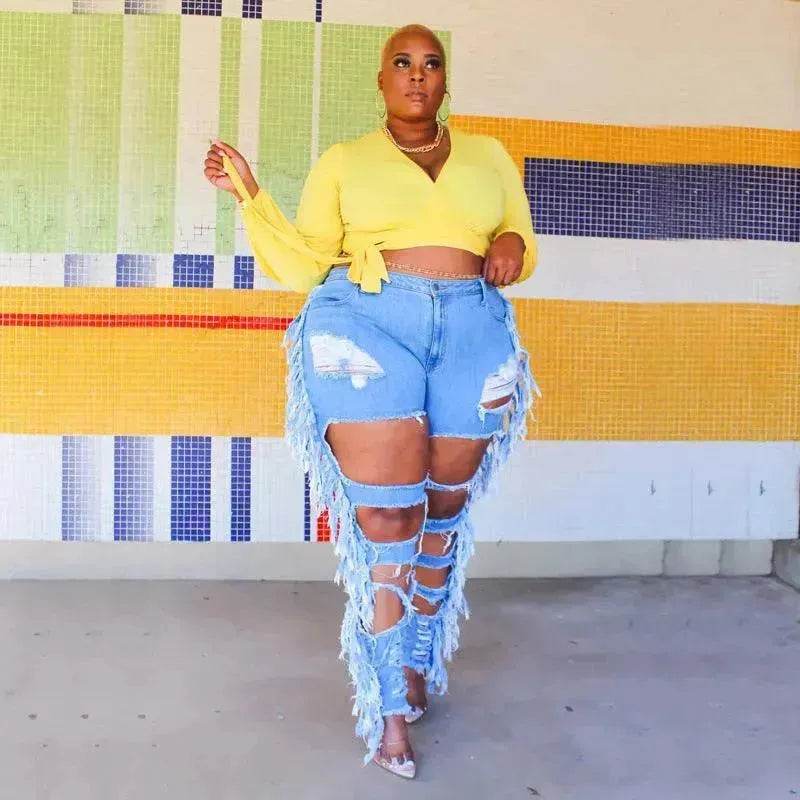 Adogirl Plus Size Side Tassel Holes Jeans Pencil Pants Women Charming Distressed Hollow Out Tight Denim Trousers Fashion Streetwear