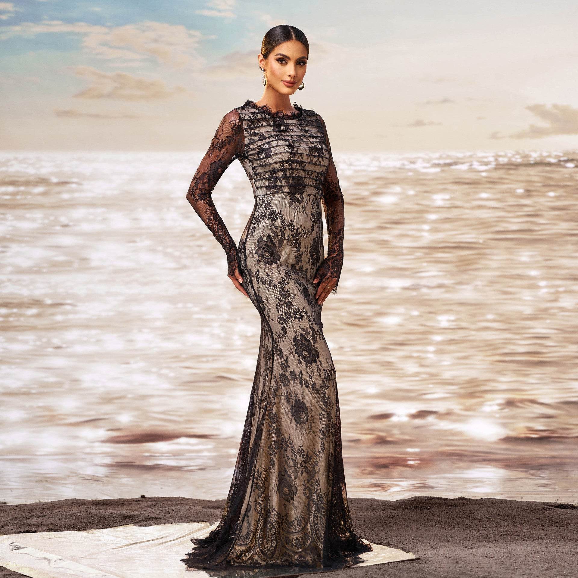Elegant Long Sleeve Gauze Sheath Fishtail Evening Party Dress