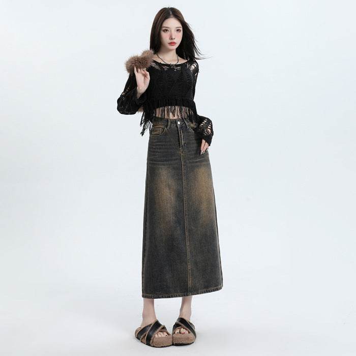 High Waisted Denim Skirt Long Cotton Solid Style