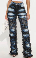 Teagan Two Tone Shredded Ripped Straight Leg Jeans Pant for women