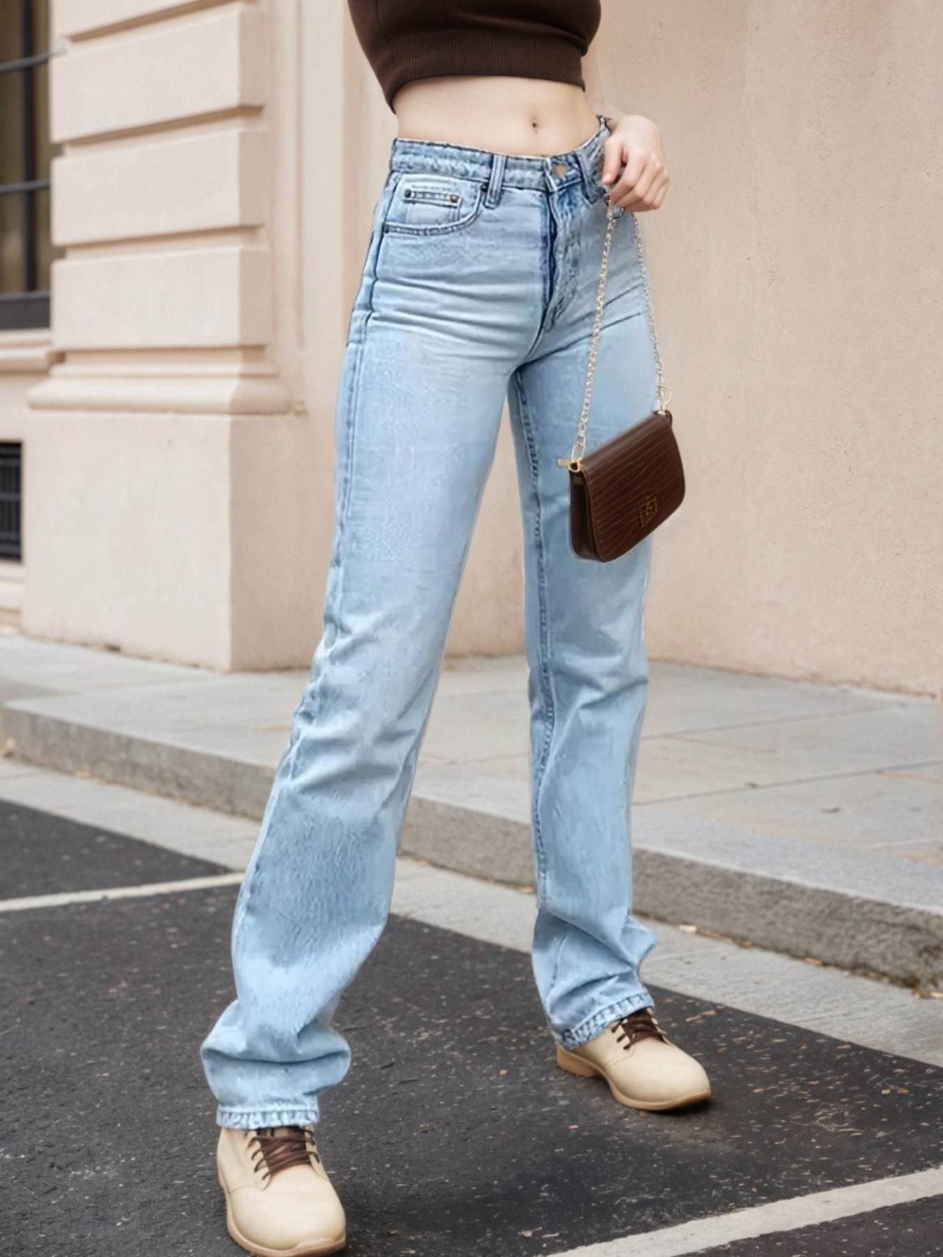 Women's High Waisted Light Colored Straight Leg Jeans, High Waisted And Cinched, High Stretch Blended Fabric, Comfortable And Versatile