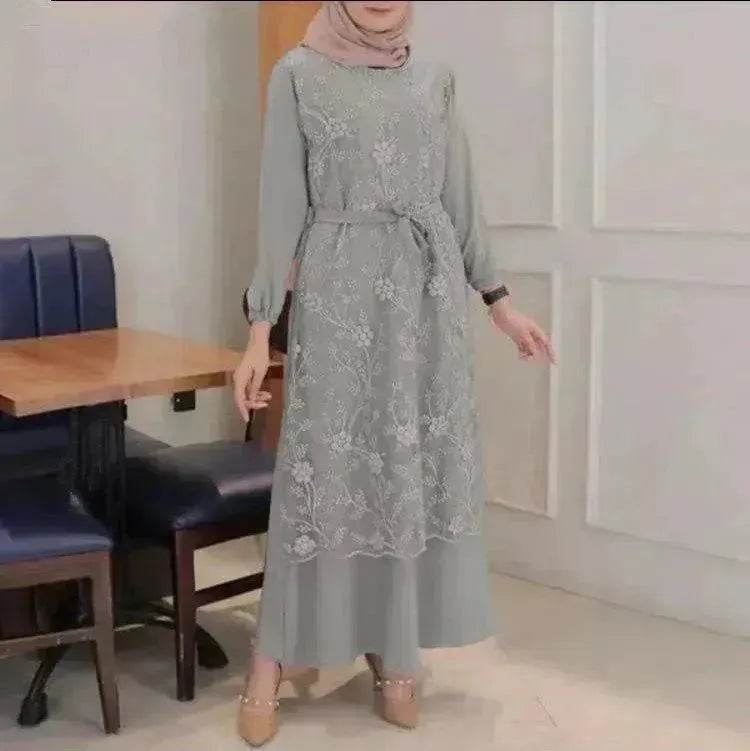 Arab  Round Neck Lace Floral Dress