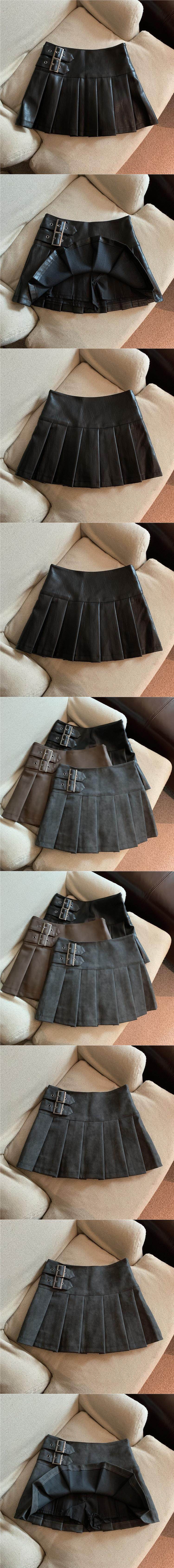 Women's American-style Vintage Mini  Pleated Leather Skirt