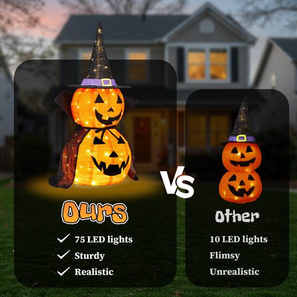 2Packs 3FT Halloween Collapsible Lighted Pumpkin Decoration, 176 LED Pop-Up Pumpkin Lamp With Cape, Plug In Halloween Jack-O-Lantern With Metal Stand For Indoor Outdoor Garden Patio Party Decor