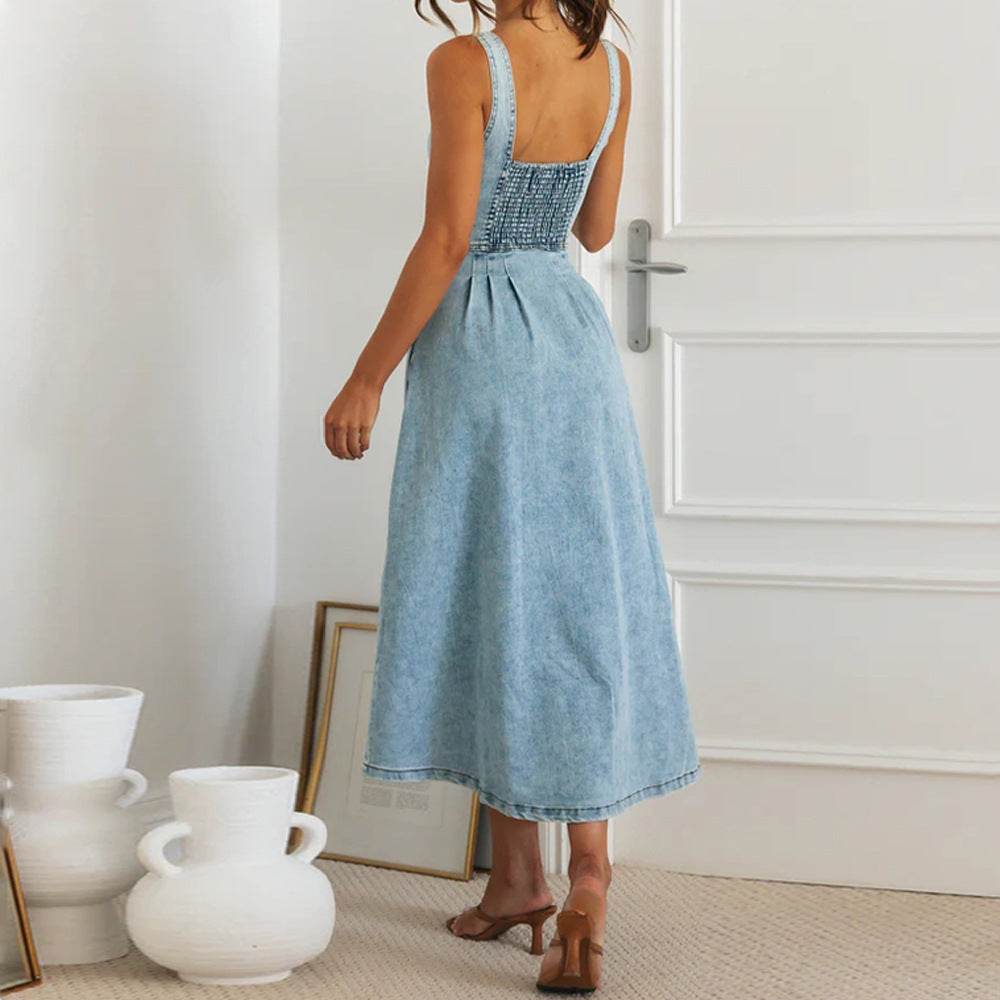 Women's sleeveless Denim Buckle Strap Midi maxi Dress