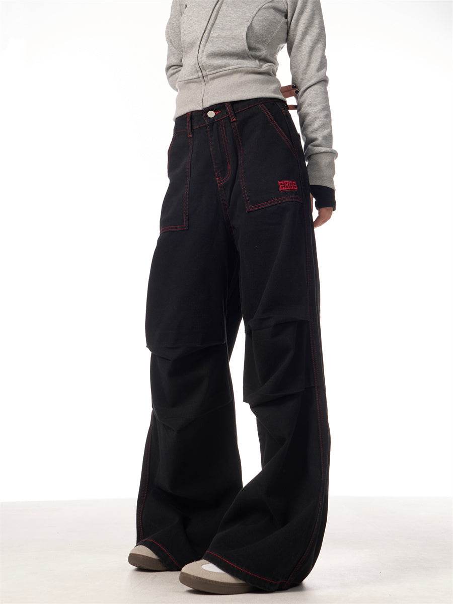 Contrasting Color Of Black And Red Workwear With Pocket Trousers