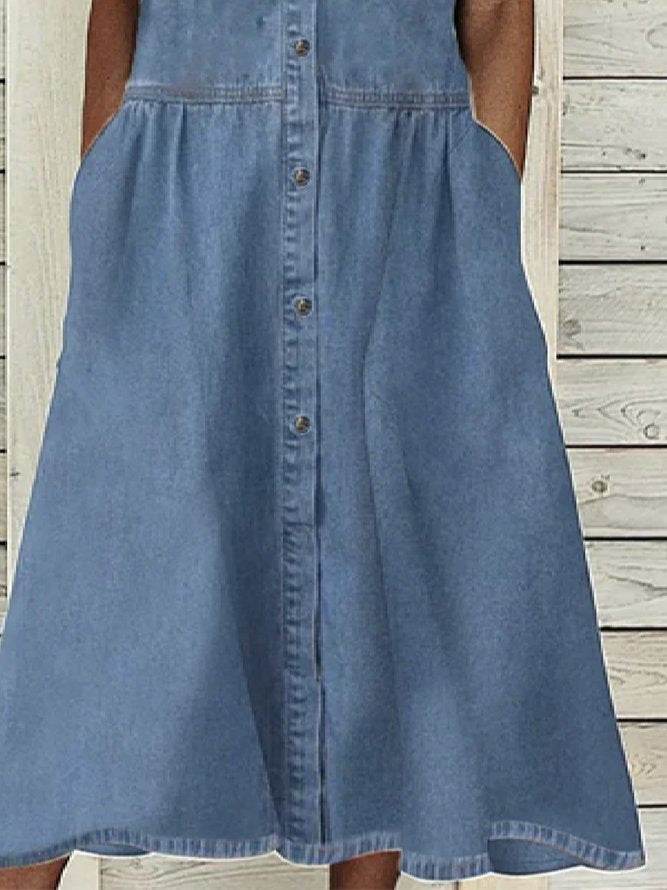 Women's European And American Lapel Casual loose button down Midi Denim jeans Mum Dress