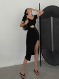 Slim And Hollow Niche Design High Slit Bag Hip Midi dress