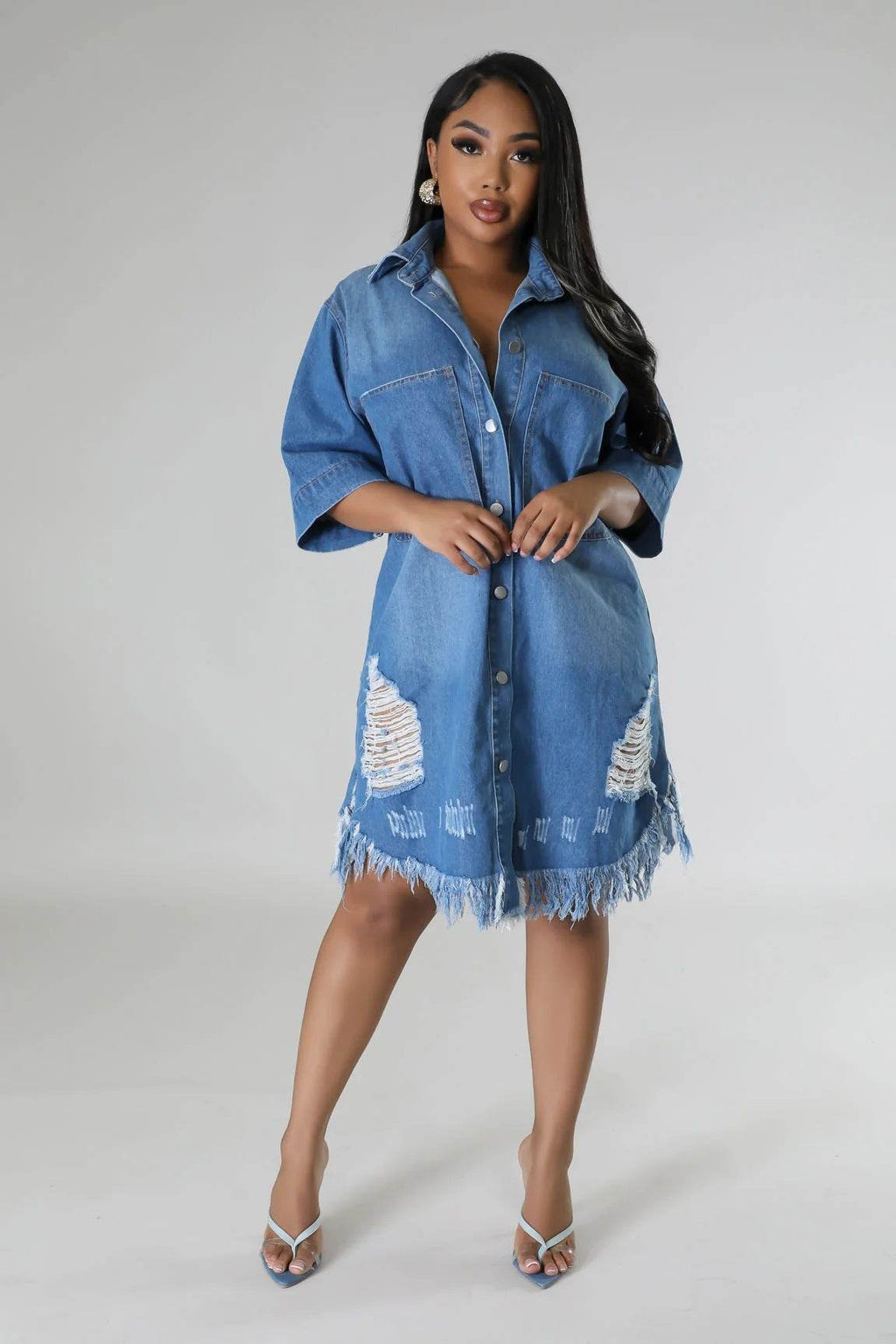Women's Fashion 3/4 sleeve Mid Length loose Denim Jeans Dress