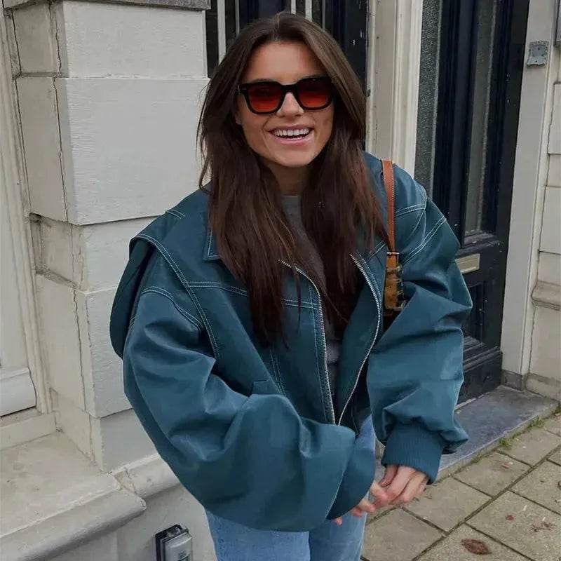 Oversized Fashion Zip-up Lapel Leather Jacket for women