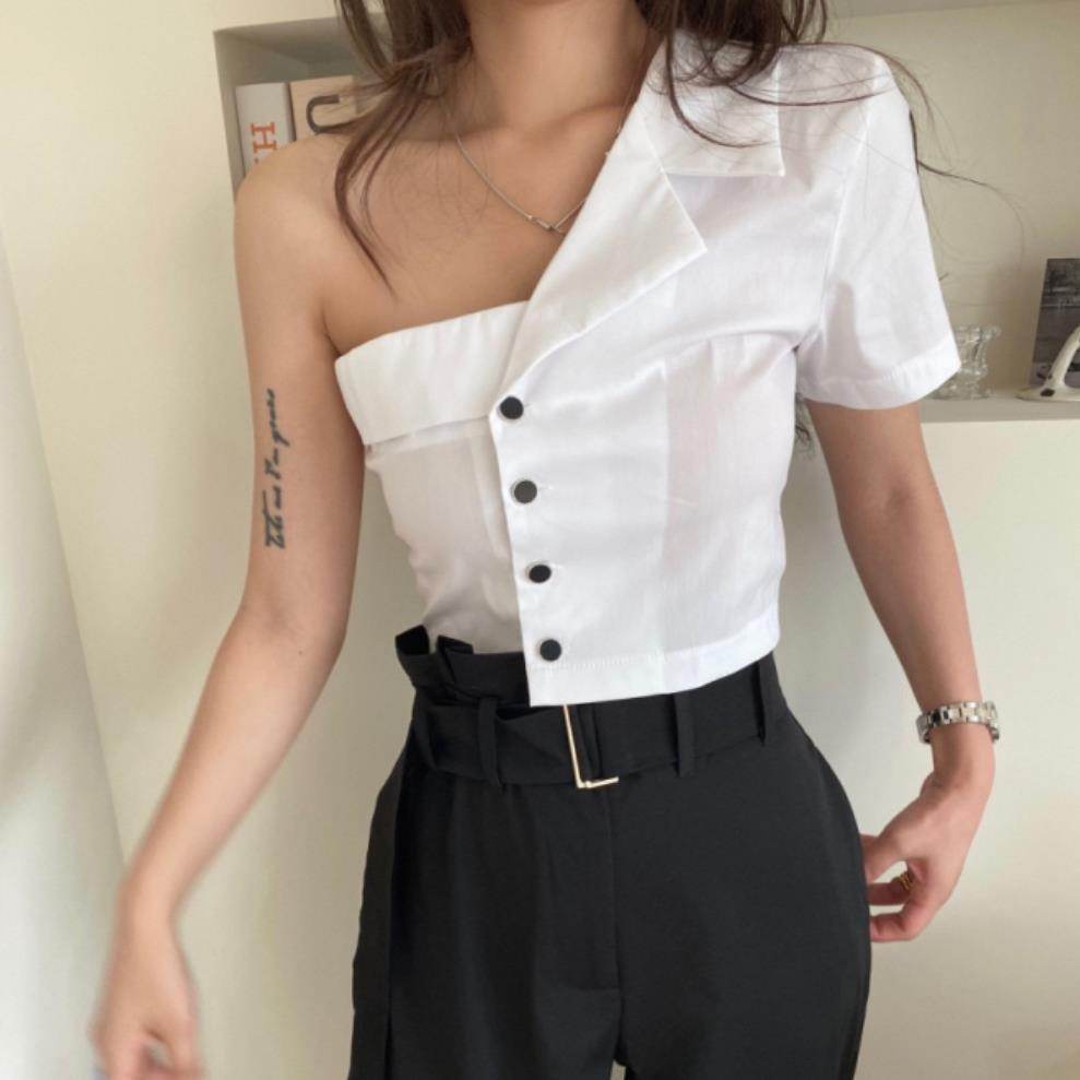 Summer Fashionable Irregular One-shoulder Design  Single-breasted blouse Shirt For Women
