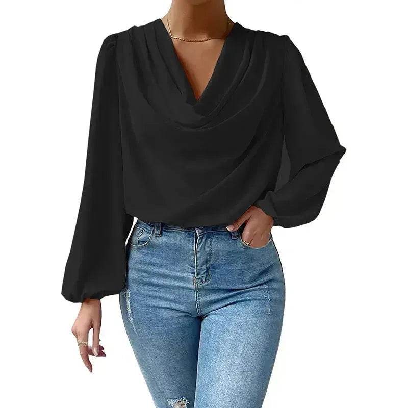 Casual Evening Top for Women Long-sleeved Shirt Loose V-neck chiffon blouse Top women