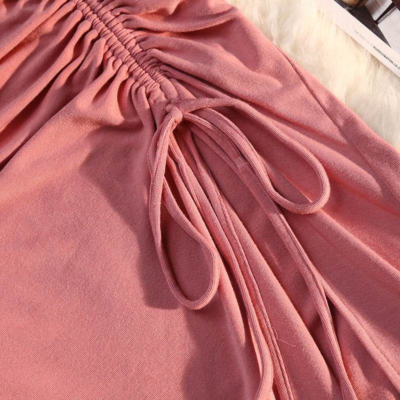 Women's drawstring Side Slit Pleated Hip Midi Skirt