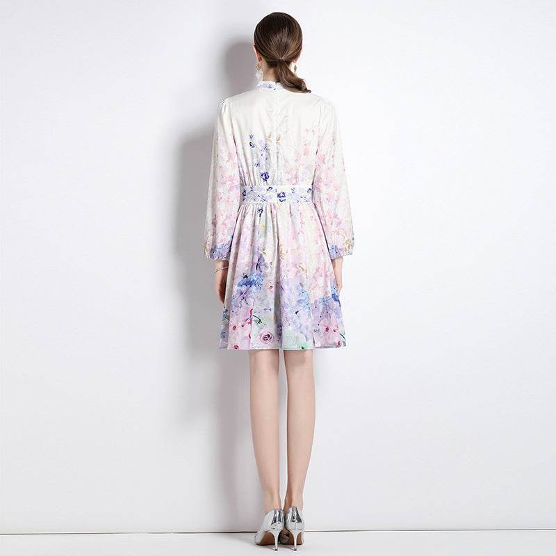 Elegant V-neck Vintage Floral Print Long Sleeves Dress Spring