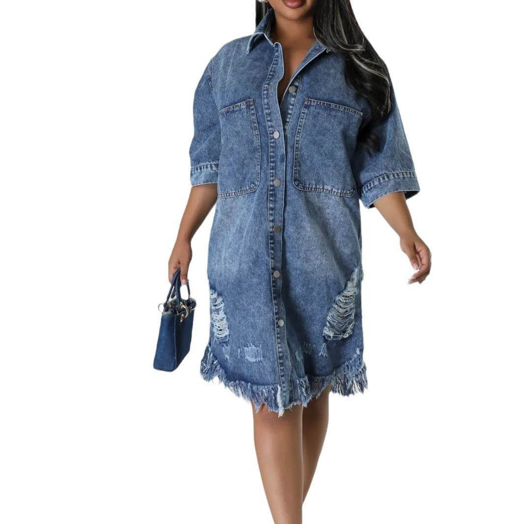 Women's Fashion 3/4 sleeve Mid Length loose Denim Jeans Dress