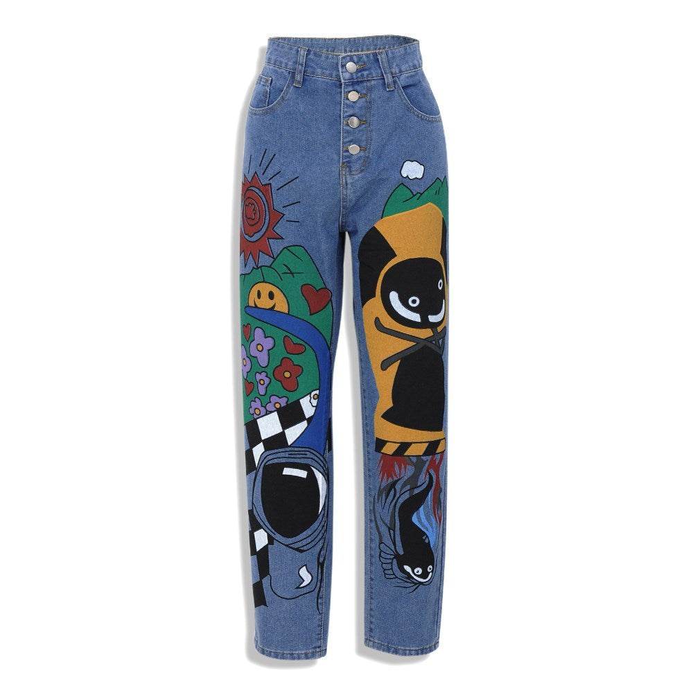 Cartoon Printed Jeans  Pants Trousers For Women