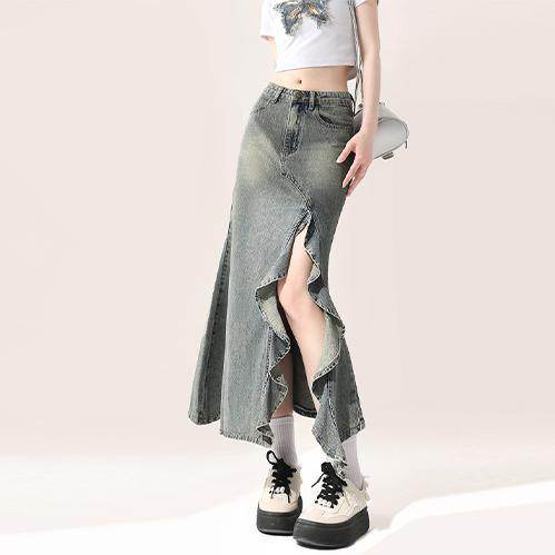Irregular Half-length Split Denim long Skirt