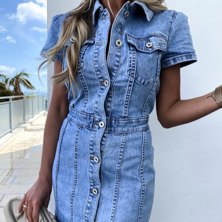 Stretch Mid Length Retro jeans Slim Single-breasted button down short sleeve Denim Dress