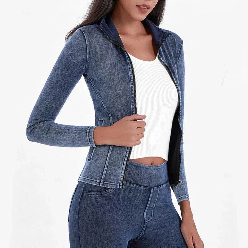 Fashion Slim fit Zipper High neck Denim Jacket for women