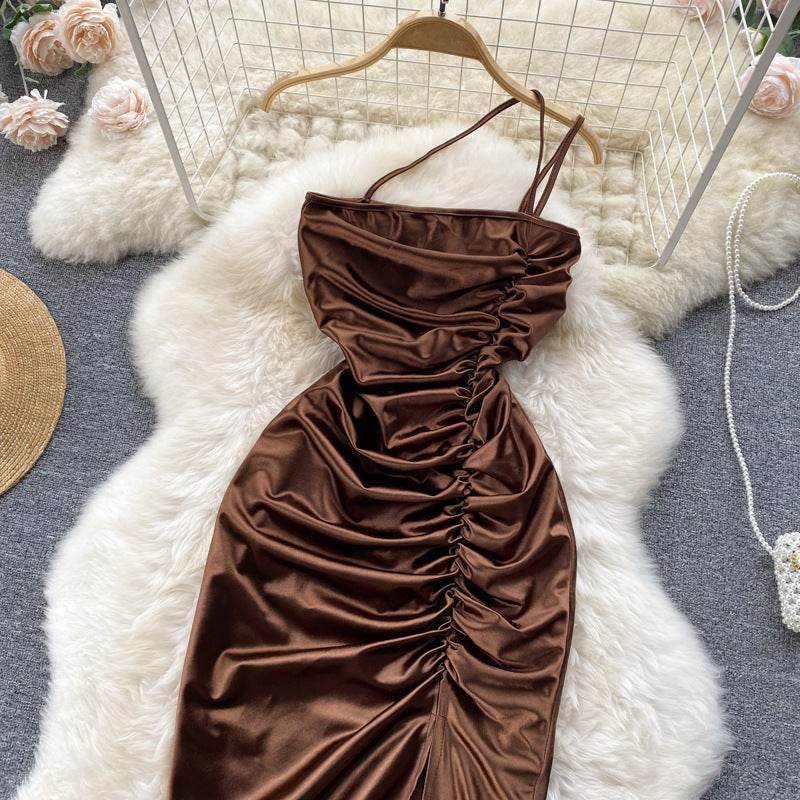 Elegant Women Sleeveless One shoulder Drawstring Satin Dress for Party, Wedding, Cocktail