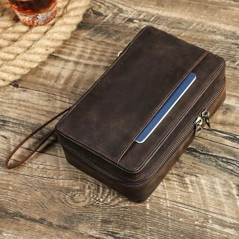 Portable Horse Leather Double Zipper Storage Cigar Travel Humidor Bag