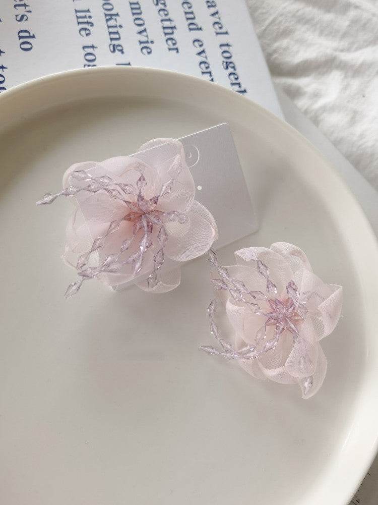 Temperament Flower Sweet Tulle Beaded Exaggerated Earrings