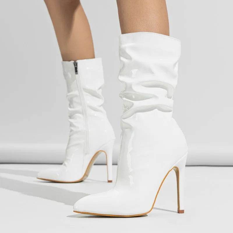 Patent Leather High Heel Pointed Stiletto Heel Pile Style Boots