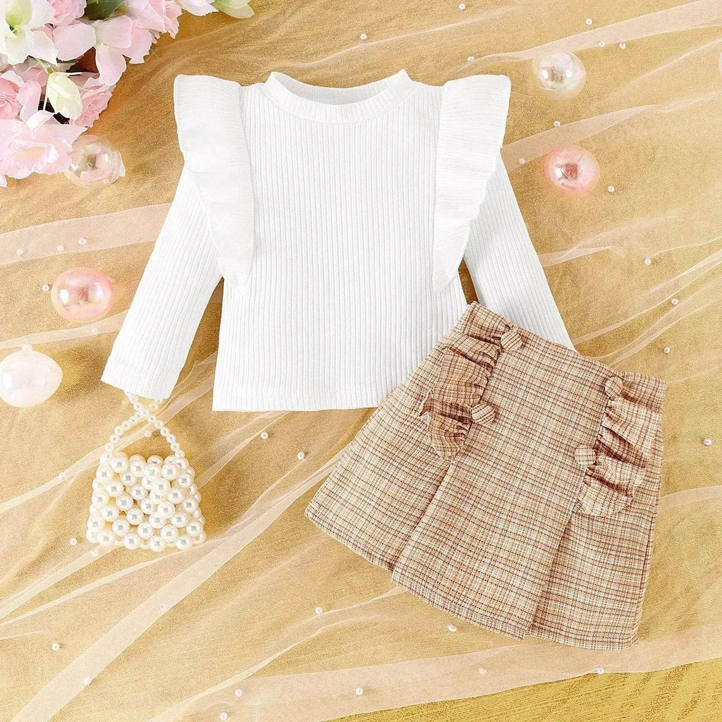 Newborn baby girl Cross-border Sunken Stripe Long Sleeve Classic Style Plaid Short Skirt Two-piece Set for baby girl