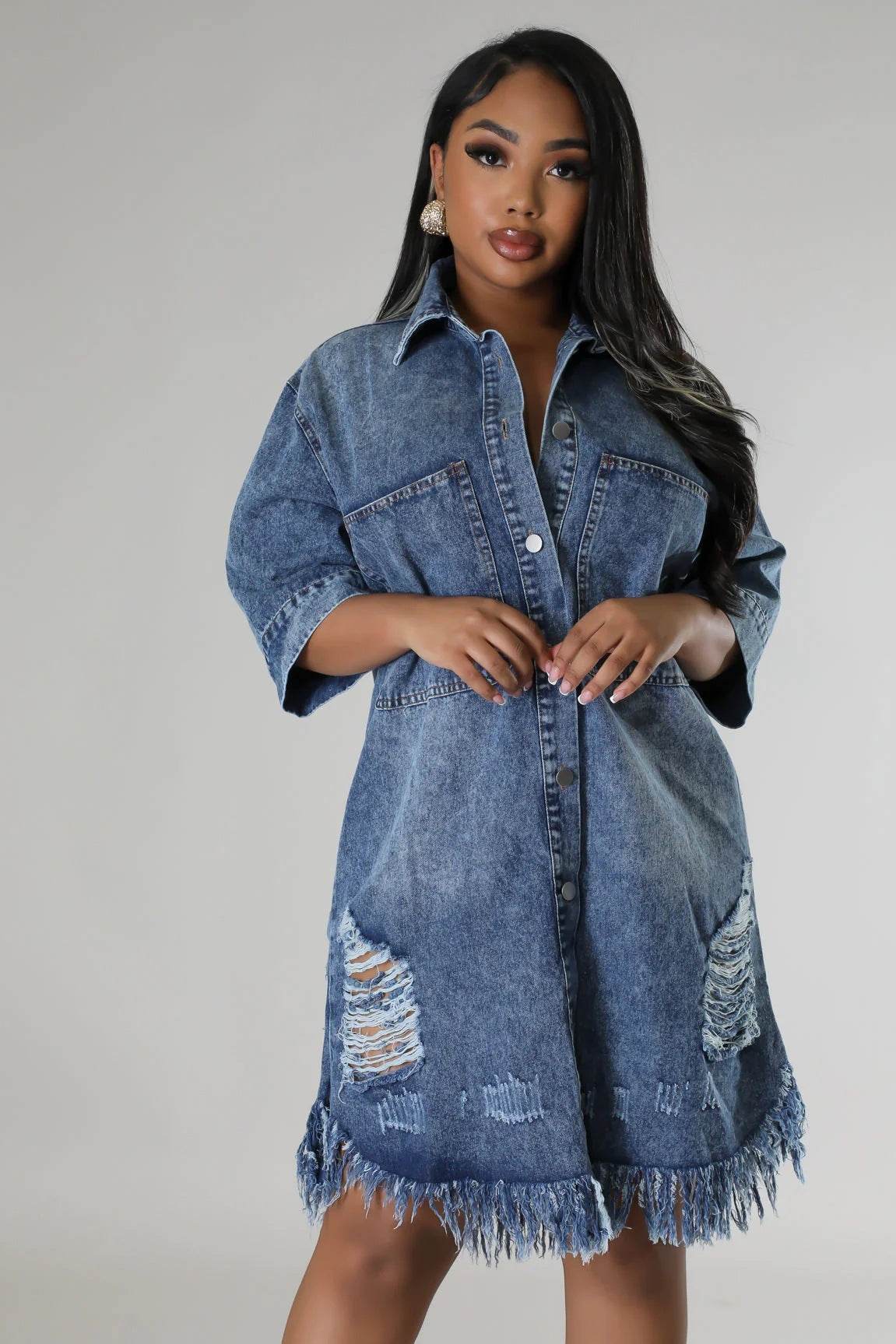 Women's Fashion 3/4 sleeve Mid Length loose Denim Jeans Dress