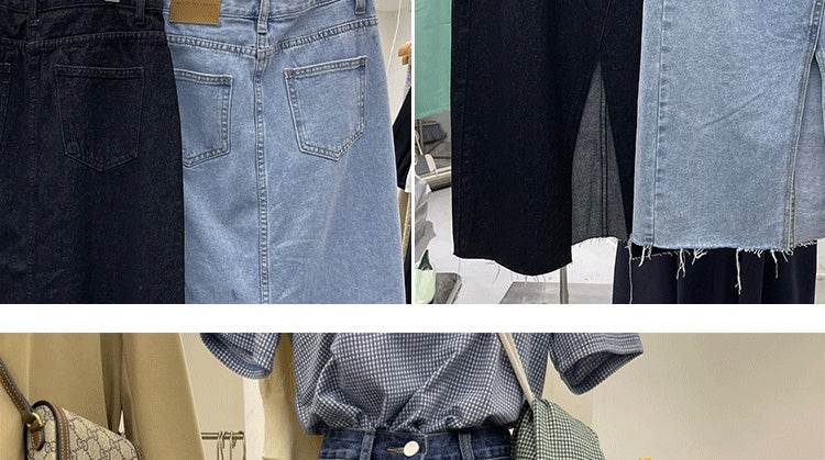 Casual Front Slit Dark Blue and Light Blue Denim Midi Skirt for women