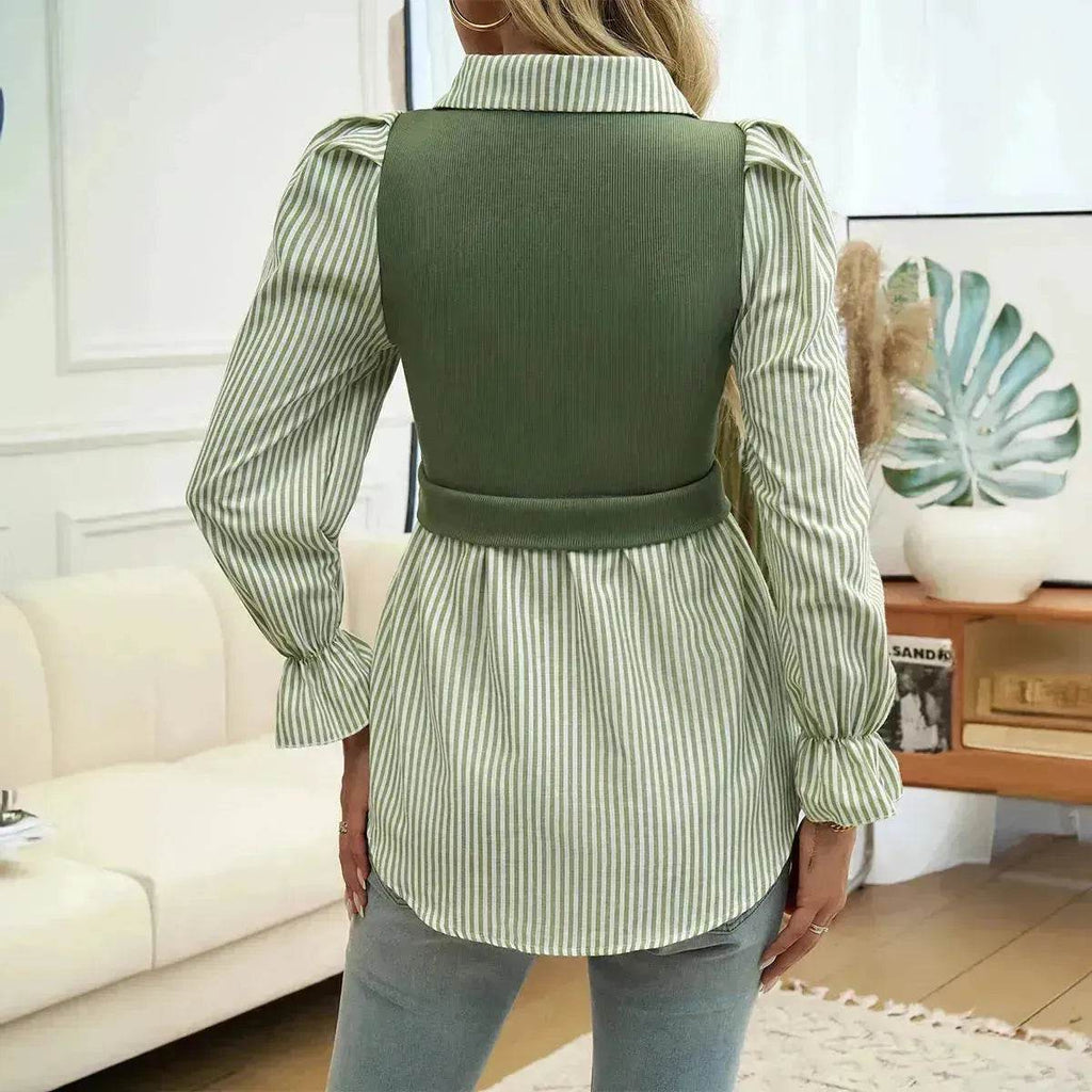 Women's Casual Contrast Color Stitching  Long Sleeve Collar Ladies Evening Top