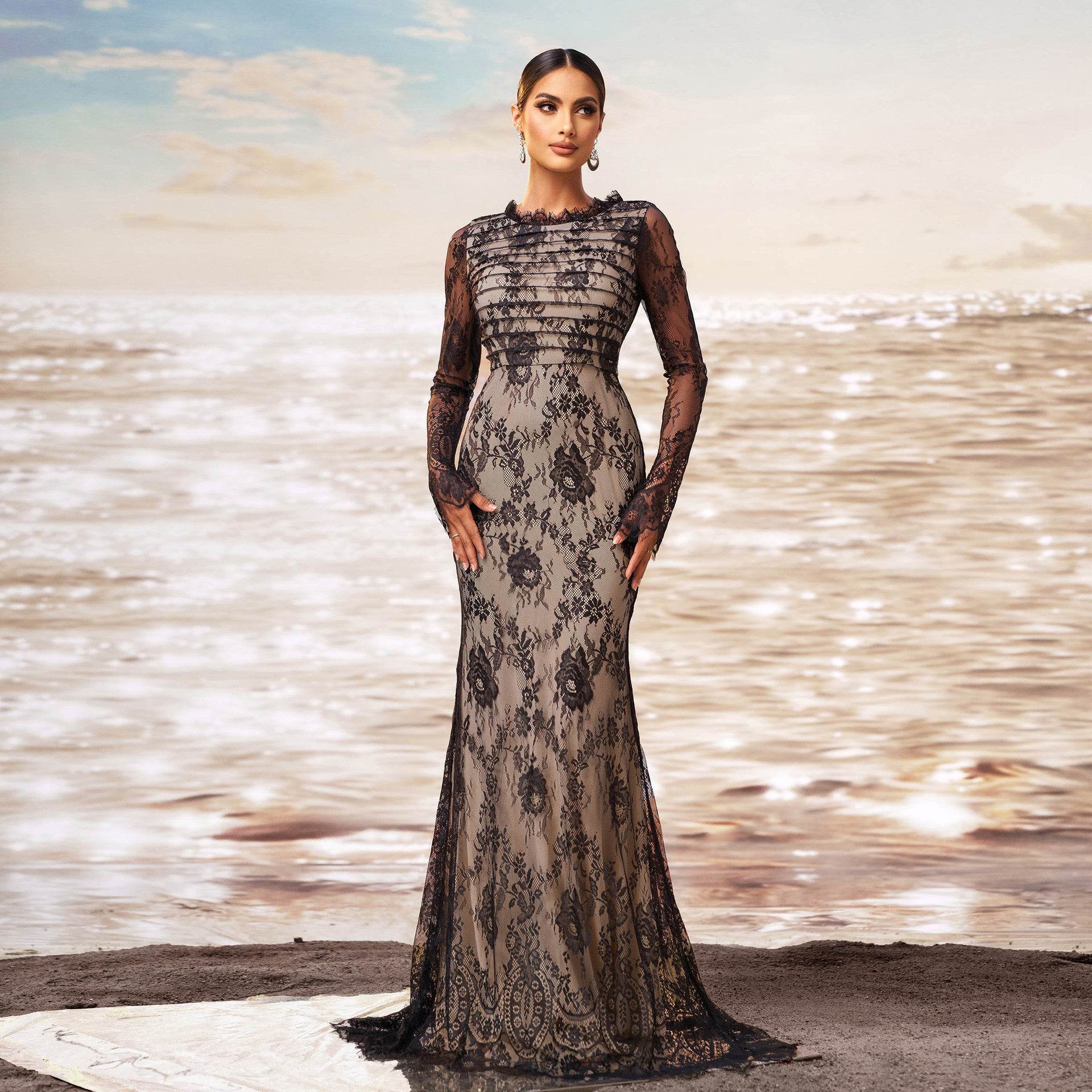 Elegant Long Sleeve Gauze Sheath Fishtail Evening Party Dress