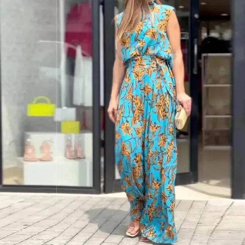 Casual Style Sleeveless High-waisted  2pcs floral Trousers set Women