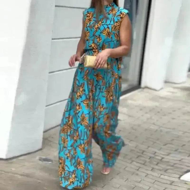 Casual Style Sleeveless High-waisted  2pcs floral Trousers set Women