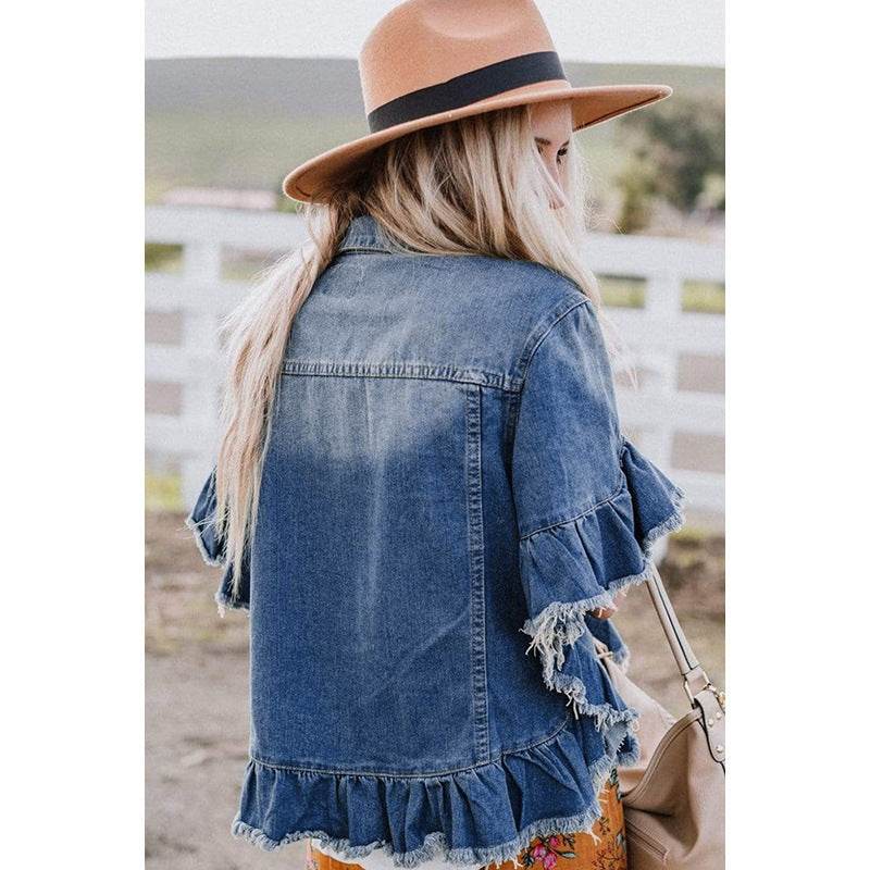 Loose Denim Jacket with Ruffled Sleeves Casual Cotton Style