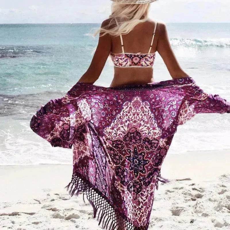 Chiffon Beach Resort Wear Purple Orientation Flower Beach Bikini