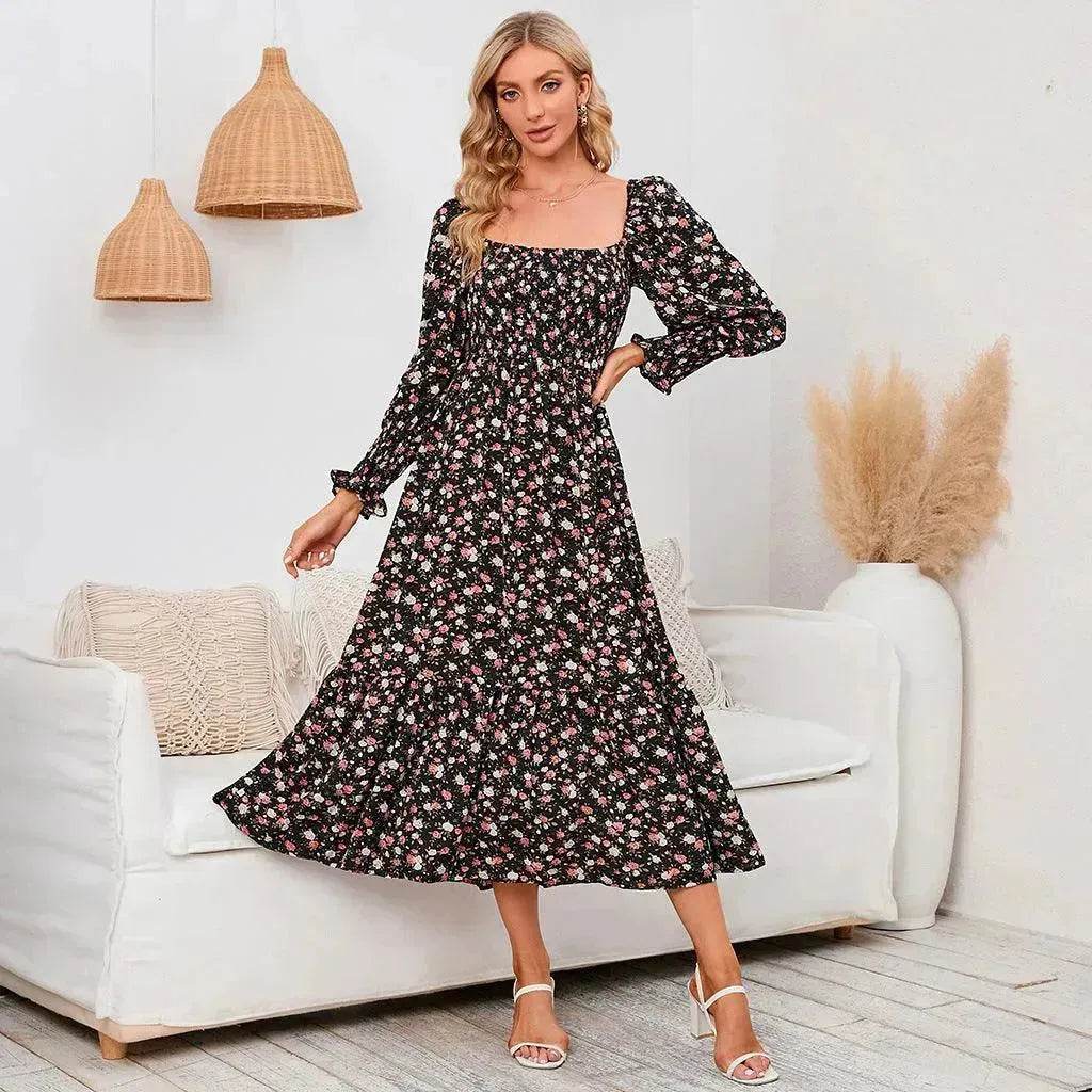 Chiffon European And American Square Collar Horn Printing Comfortable Floral Skirt