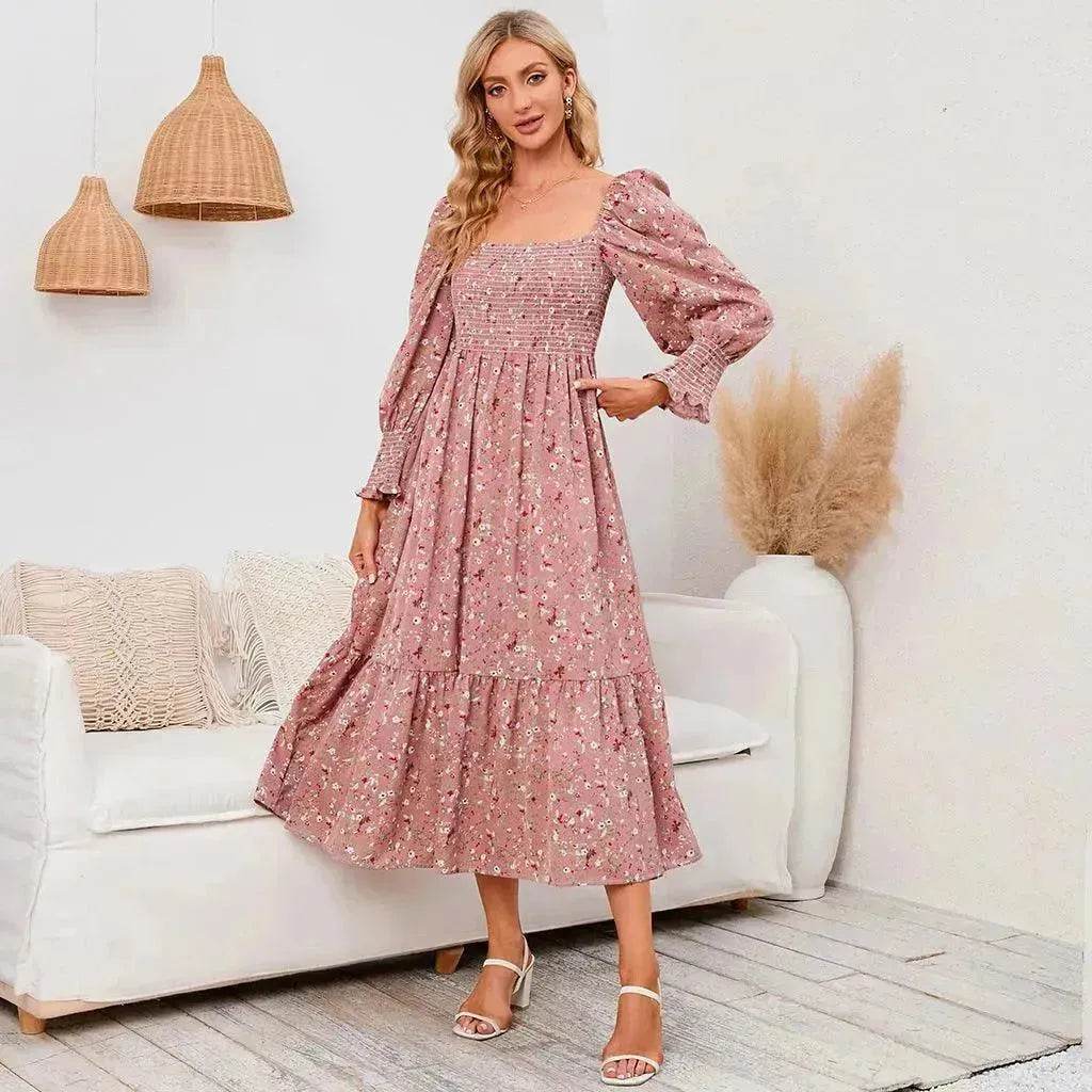 Chiffon European And American Square Collar Horn Printing Comfortable Floral Skirt