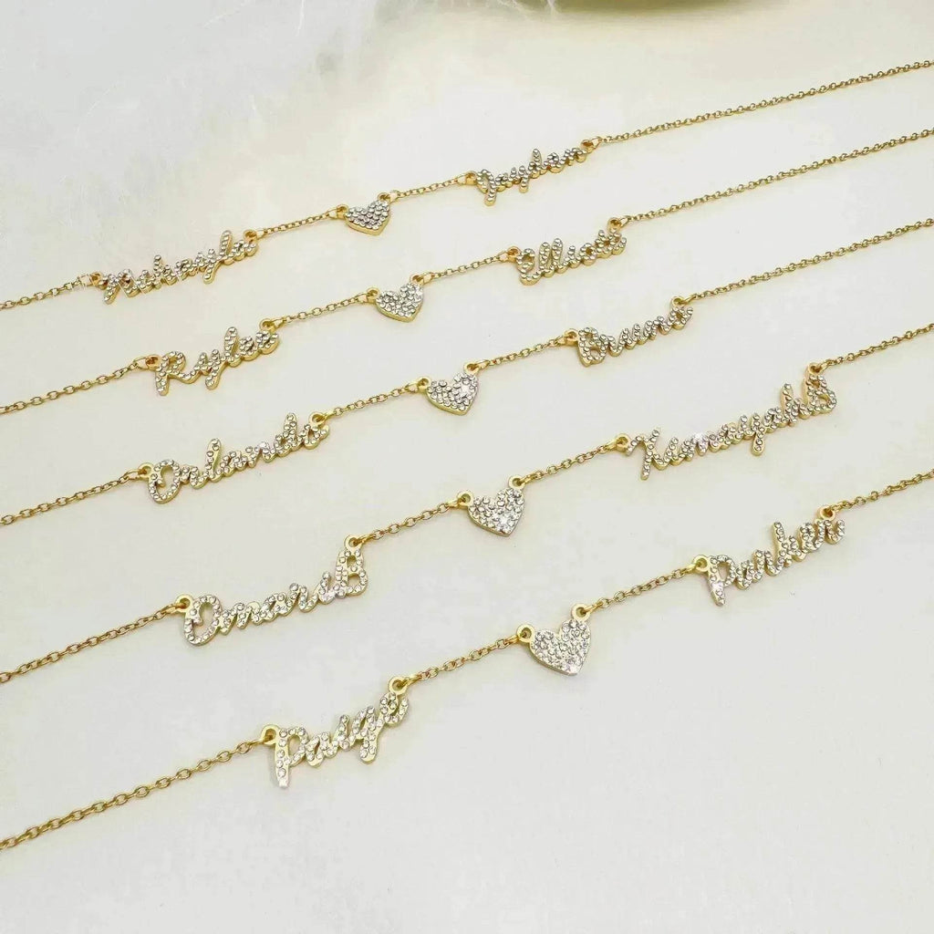 Customized DIY Diamond Inlaid Multi Name Necklace Stainless Steel Chain Heart Charming Choker Customized Necklace Jewelry