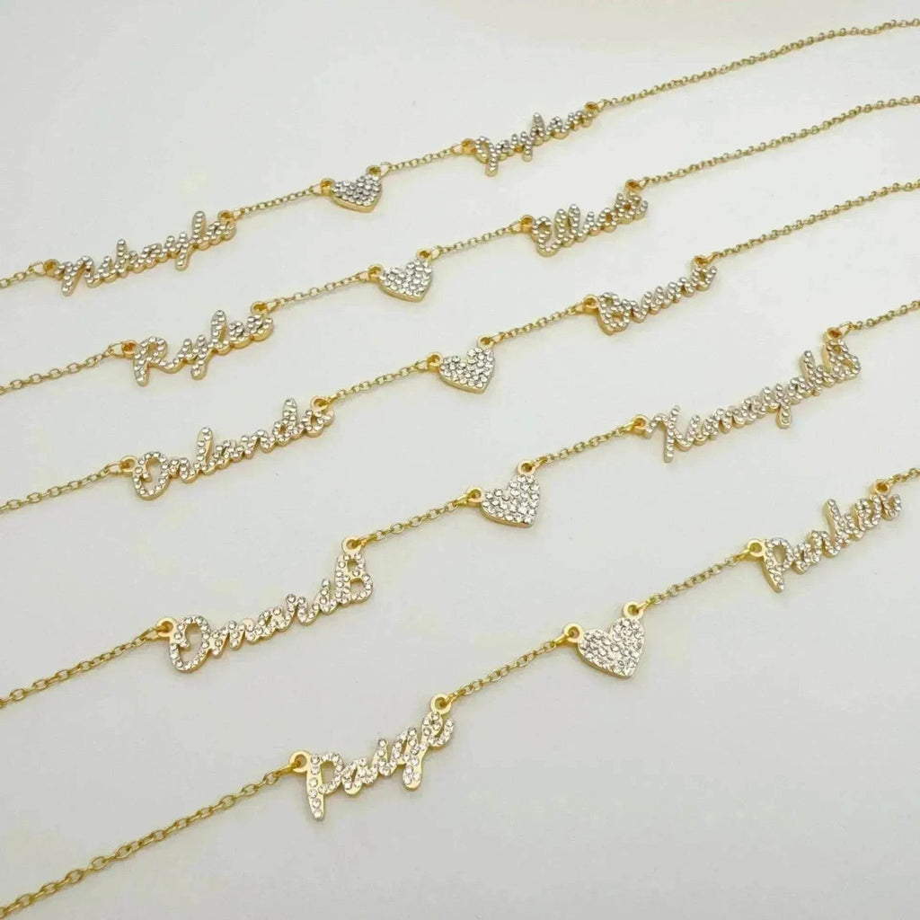 Customized DIY Diamond Inlaid Multi Name Necklace Stainless Steel Chain Heart Charming Choker Customized Necklace Jewelry