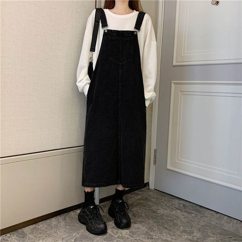 Student Denim Shoulder Strap Spring And Autumn Plus Size Mid-length Sling Black Denim Jumper Dress