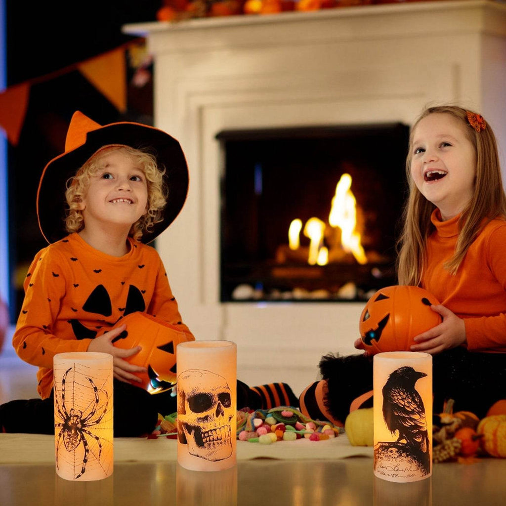3 Pack Halloween Flameless Candle Lamp With Timer Setting Battery Operated Warm Orange Light Candles For Halloween Party Decoration
