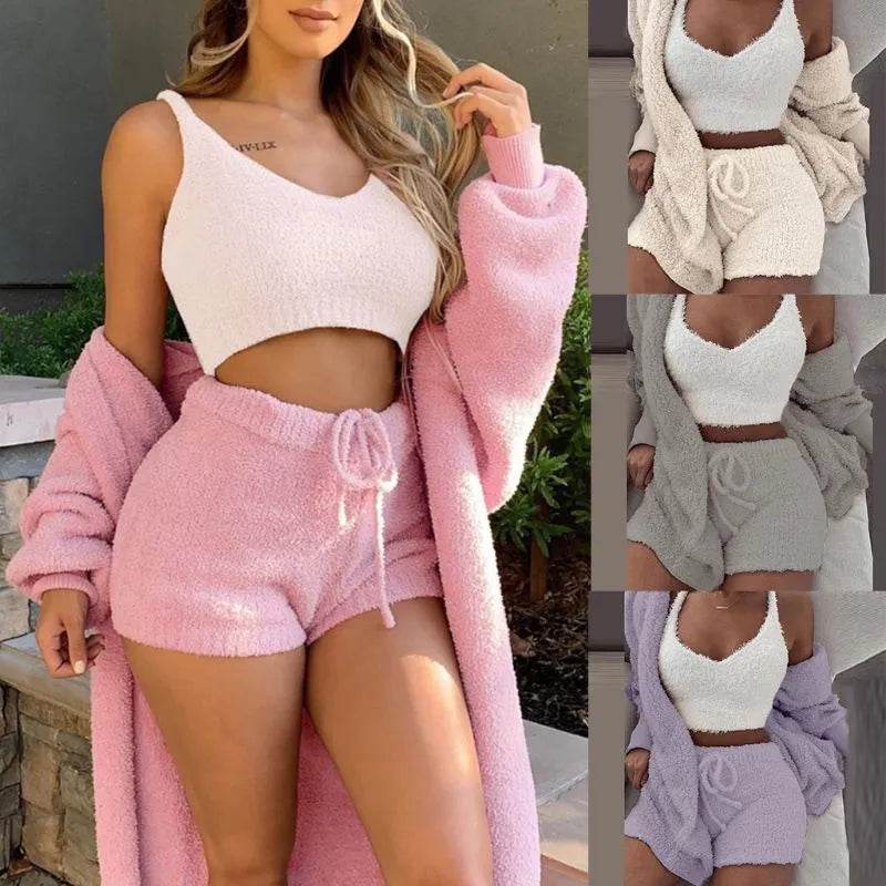 Winter Women Home Wear Suit Casual Pajamas Set Lady Female Soft Warm Long Sleeve Exposed Navel Vest Shorts Set