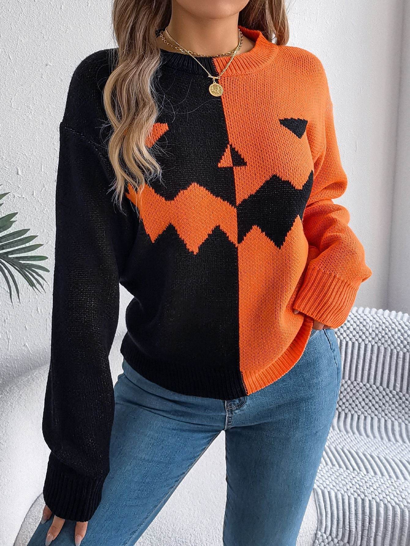 Pullover Sweater Womens – Halloween Spooky Pumpkin Fall Knit